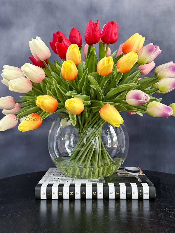 X-Large 70 Multi-Color Tulips Modern Faux Floral Arrangement Real Touch Artificial Faux Forever Flowers in Glass Vase, Faux Flowers in Vase