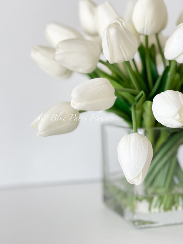 White Tulips 30 Floral | Modern Arrangement | Real Touch | Artificial Faux Forever Fake Flowers in Glass Vase for Home Decor Blue Paris