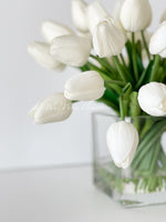 White Tulips 25 Floral | Modern Arrangement | Real Touch | Artificial Faux Forever Fake Flowers in Glass Vase for Home Decor Blue Paris