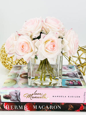 Real Touch Light Pink Roses Arrangement in Vase, French Country Artificial Flowers, Faux Floral Home Decor, Realistic Floral Arrangement