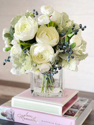 Floral Arrangement, Pale Green White Ranunculus, Blueberries, Silk Artificial Flower Centerpiece, Faux Silk Arrangement Glass Vase, Flower