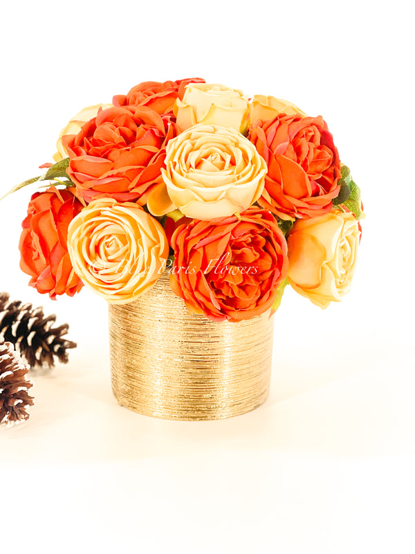 Fall or Thanksgiving Arrangement, Orange, Brown Roses in Gold Vase, Floral Decor Centerpiece, Faux Florals Artificial Flowers Silk Decor