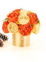 Fall or Thanksgiving Arrangement, Orange, Brown Roses in Gold Vase, Floral Decor Centerpiece, Faux Florals Artificial Flowers Silk Decor