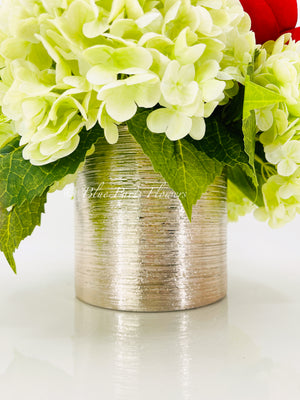 REAL TOUCH Green Hydrangeas, Red Magnolia Arrangement, Artificial Faux Centerpiece, Floral Flowers in Rose Gold Vase Home Decor Blue Paris