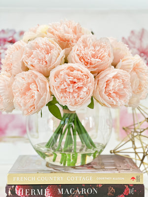 Pink Large Head Peony Arrangement, Artificial Faux Centerpiece, Decor Wedding Faux Florals, Silk Flowers in Glass Vase by Blue Paris