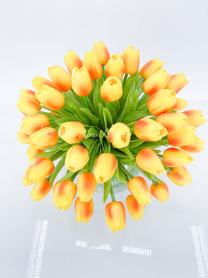 Large 50 Orange Tulips | Modern Faux Floral Arrangement Real Touch Artificial Centerpiece Faux Flowers in Glass Vase Faux Flowers in Vase