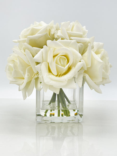 Real Touch White Roses Arrangement in Vase, French Country Artificial Flowers Faux Floral Home Decor Realistic Floral Arrangement Blue Paris