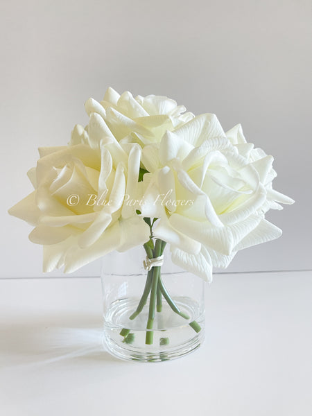 Real Touch White Roses Arrangement in Vase French Country Artificial Flowers Faux Floral Home Decor Realistic Floral Arrangement Blue Paris