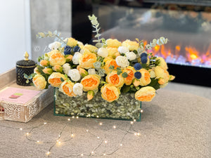 Modern Yellow White Rose Peony Arrangement, Artificial Faux Centerpiece Silk Flowers Floral Centerpiece French Decor in Glass Vase for Home