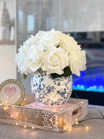 White Real Touch Roses | Modern Arrangement | Realistic, Lifelike Artificial Faux Forever Flowers in Blue/White Vase for Home Decor