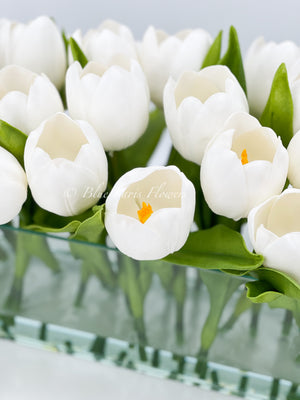 Modern Long White REAL TOUCH Tulip Arrangement Artificial Faux Centerpiece Floral Flower Arrangement Faux Flowers Glass Vase French Decor