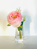 Pink Austin Rose Arrangement | Real Touch | French Country | Artificial Faux Forever Flowers in Crystal Glass Vase Home Decor by Blue Paris