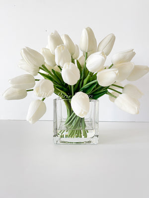 White Tulips 30 Floral | Modern Arrangement | Real Touch | Artificial Faux Forever Fake Flowers in Glass Vase for Home Decor Blue Paris