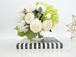 White Green Hydrangeas Peony | French Country |Arrangement in Clear Glass Vase with clear acrylic water for Home Decor by Blue Paris Flowers