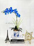 Real Touch Elegant Sky Blue Single Stem Phalaenopsis Orchid Arrangement, French Country Luxury Flower in Vase Table Centerpiece Modern Decor