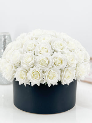 60 Real Touch White Roses Arrangement in Black Vase, French Country Artificial Flowers, Floral Centerpiece, Realistic Faux Floral Home Decor