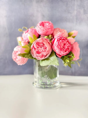 Pink Rose Peony Arrangement, Artificial Faux Table Centerpiece, Faux Florals, Silk Flowers Arrangement in Glass Vase by Blue Paris