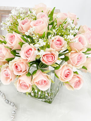 Light Pink 40 Roses Arrangement, Floral Flowers | Silk Artificial Faux Forever Flowers in Glass for Home Decor by Blue Paris Flowers