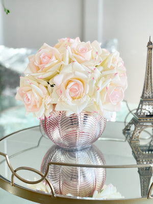 Real Touch Blush Rose Arrangement | French Floral Centerpiece Artificial Faux Forever Flowers in Rose-gold Vase for Home Decor by Blue Paris decor