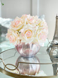 Real Touch Blush Rose Arrangement | French Floral Centerpiece Artificial Faux Forever Flowers in Rose-gold Vase for Home Decor by Blue Paris
