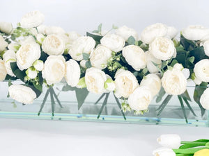 Modern Long White Rose Peony Arrangement, Artificial Faux Centerpiece Floral Flower Arrangement, Silk Flowers Glass Vase Home Decor