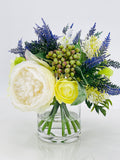 Floral Arrangement in Vase, Peonies, Lavender, French Country Artificial Flowers Faux Home Decor Realistic Floral Arrangement Blue Paris