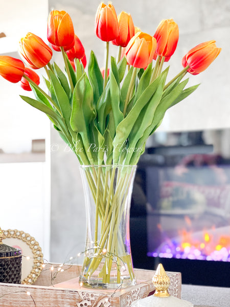 20” Orange Real Touch Tulips Modern Arrangement Centerpiece | Real Touch Artificial Faux Forever Flowers