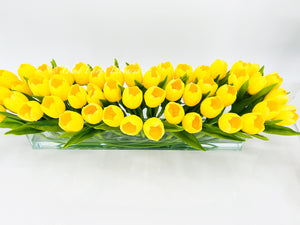 Modern Long Yellow REAL TOUCH Tulip Arrangement Artificial Faux Centerpiece Floral Flower Arrangement Silk Flowers Glass Vase French Decor