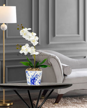 Real Touch Elegant White Double Stems Phalaenopsis Orchid Arrangement, French Country Luxury Flower in Vase Table Centerpiece Modern Decor