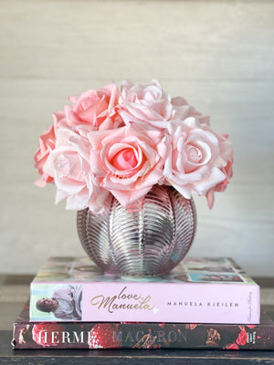 Real Touch Pink Rose Arrangement | French Floral Centerpiece Artificial Faux Forever Flowers in Rose-gold Vase for Home Decor by Blue Paris