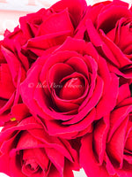 Red Velvet Roses Arrangement, Artificial Faux Centerpiece, Natural Touch Flowers in Glass Vase Home Decor, Floral Arrangement Blue Paris