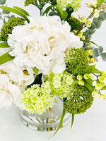 Floral Arrangement, Green White Hydrangeas Silk Artificial Flower Centerpiece, Faux Silk Arrangement Glass Vase, Flower Decor Blue Paris