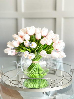 X-Large 60 Light Pink Tulips | Modern Faux Floral Arrangement | Real Touch Artificial Faux Forever Flowers in Glass Vase, Faux Flowers, Vase