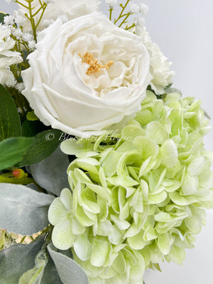 Floral Arrangement, REAL TOUCH White Peonies, Rose, Hydrangeas, Artificial Flower Centerpiece Faux Real French Arrangement Glass Vase Flower