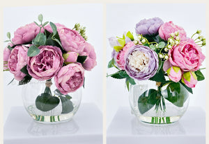 Purple/Pink or Magenta Pink Rose Peony Arrangement, Artificial Faux Centerpiece, Faux Florals, Silk Flowers in Glass Vase by Blue Paris