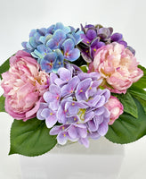Lavender Purple Blue Peonies and Real Touch Hydrangeas Arrangement Artificial Faux Centerpiece, Soft Touch Floral Flowers in Vase Home Decor