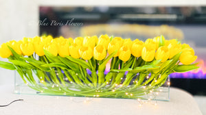 Modern Long Yellow REAL TOUCH Tulip Arrangement Artificial Faux Centerpiece Floral Flower Arrangement Silk Flowers Glass Vase French Decor
