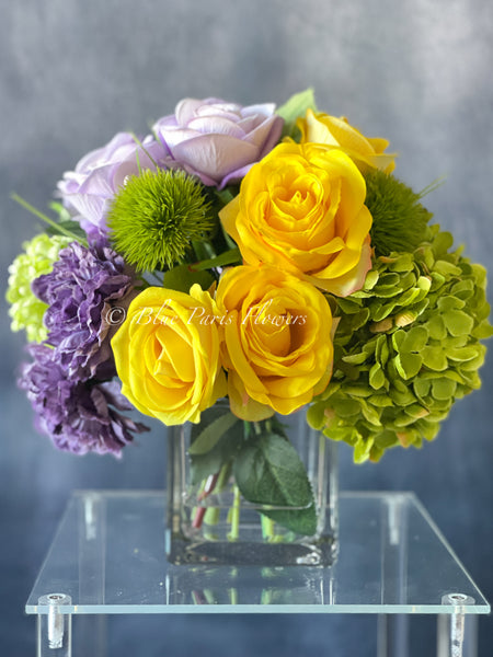 Modern Floral Arrangement | French Country | Table Centerpiece, Yellow, Lavender | Unique Floral Faux Flowers in Glass Vase for Home Decor