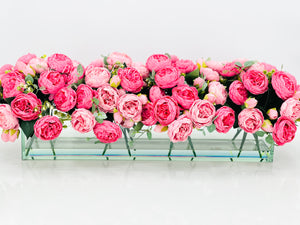 Modern Long Pink Rose Peony Arrangement Artificial Faux Centerpiece Floral Flower Arrangement Silk Flowers Glass Vase French Decor