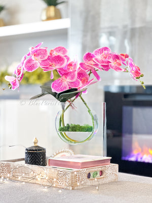 Modern Magenta Pink 2 Stems Phalaenopsis Orchid Arrangement, Real Touch Flower in Vase | Table Centerpiece | Floral Decor Flower Arrangement