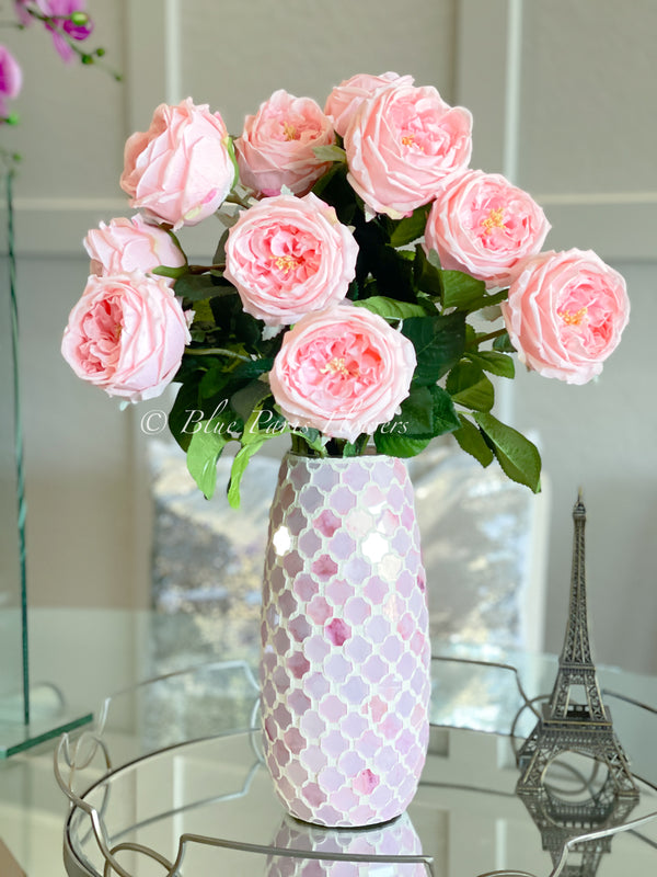 22” Pink Austin Rose Arrangement | Real Touch | French Country | Artificial Faux Forever Flowers in Glass Vase for Home Decor by Blue Paris