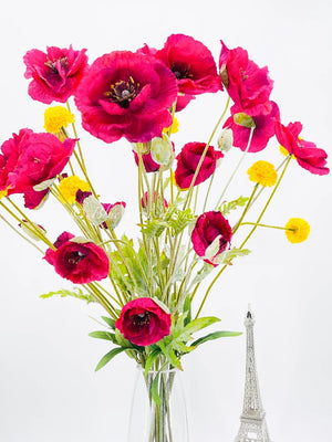 Modern Decor, Tall Fuchsia Poppy Artificial Faux Arrangement in Vase. Elegant Floral Faux Floral Centerpiece, Home, Office Decor Arrangement