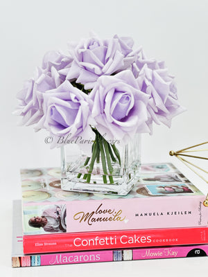 Real Touch Lavender Roses Arrangement in Vase, French Country Artificial Flowers Faux Floral Home Decor Realistic Arrangement Blue Paris