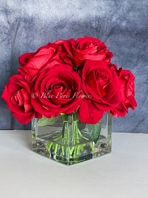 Red Velvet Roses Arrangement, Artificial Faux Centerpiece, Natural Touch Flowers in Glass Vase Home Decor, Floral Arrangement Blue Paris