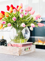 X-Large 60 Multi-Color Tulips Modern Faux Floral Arrangement Real Touch Artificial Faux Forever Flowers in Glass Vase, Faux Flowers in Vase