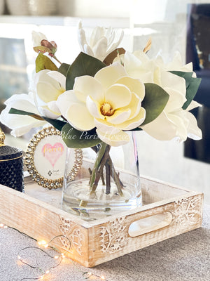 Luxurious White Magnolia Arrangement Real Touch/Silk Artificial Faux Centerpiece-Fake Flower Centerpiece-Home Decor Floral Gift Blue Paris