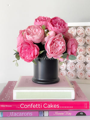 Pink Rose Peony Arrangement, Artificial Faux Table Centerpiece, Faux Florals, Silk Flowers Arrangement in Black Glass Vase by Blue Paris