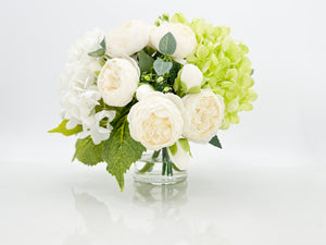 White Green Hydrangeas Peony | French Country |Arrangement in Clear Glass Vase with clear acrylic water for Home Decor by Blue Paris Flowers
