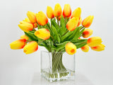 Orange Tulips 25 Floral | Modern Arrangement | Real Touch | Artificial Faux Forever Fake Flowers in Glass Vase for Home Decor Blue Paris