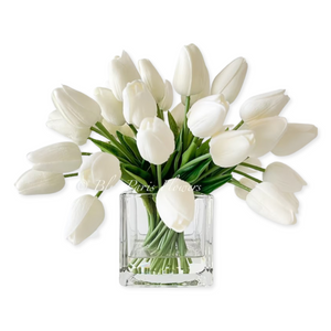 Red Tulips 25 Floral | Modern Arrangement | Real Touch | Artificial Faux Forever Fake Flowers in Glass Vase for Home Decor Blue Paris